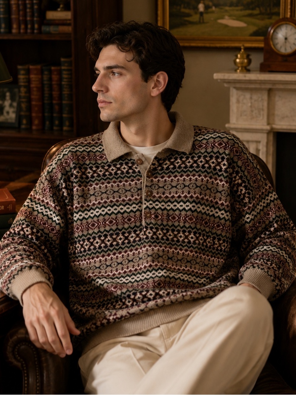 Vintage Fair Isle Knit Polo Sweater Made in Canada Medium Cotton Old Money Cabin